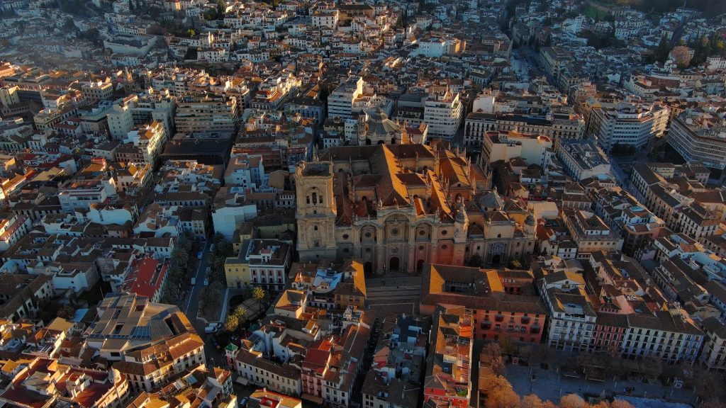 Aerial view of Granada Cathedral at sunset, a Roman Catholic church in the city of Granada